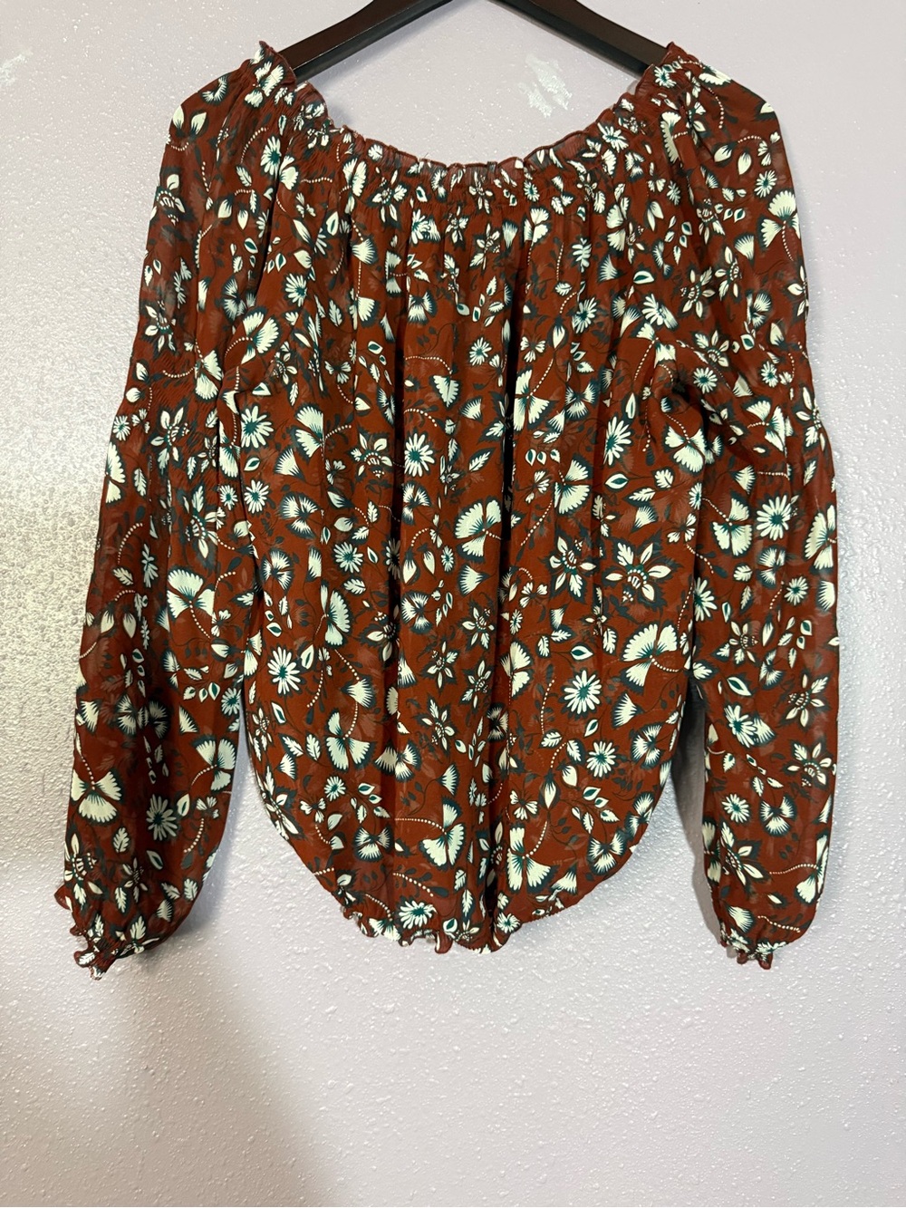 Express Off-Shoulder Floral Blouse in Rust and Cream